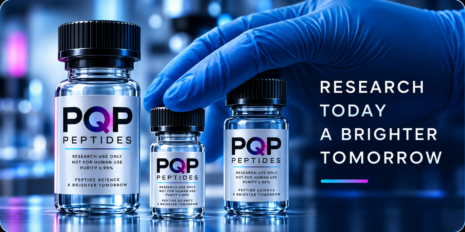 Research today, a brighter tomorrow: gloved hand holding PQP peptide vials